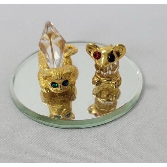 Swarovski Crystal Trimlite Cat Mouse Set 1980's Green Eyed  & Red Eyed Gold - Picture 1 of 13